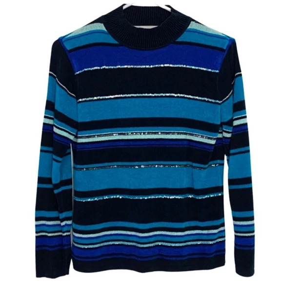 Vintage Y2K Mockneck Striped Chenille Pullover Sweater Womens Medium Blue - Picture 1 of 8